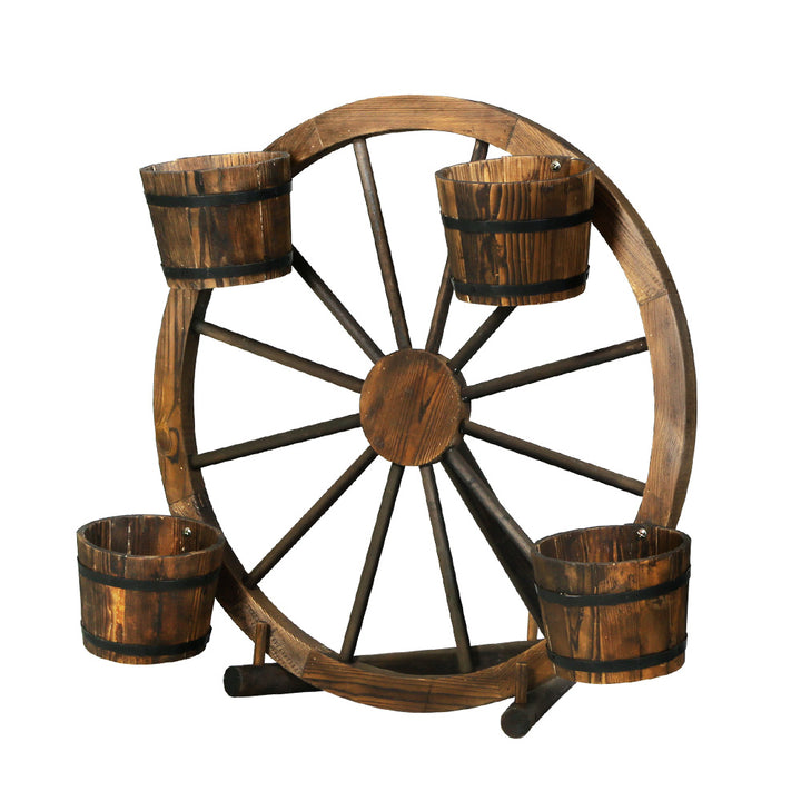 Garden Décor Wooden Wagon Wheel Rustic Outdoor Flower Planter Homecoze