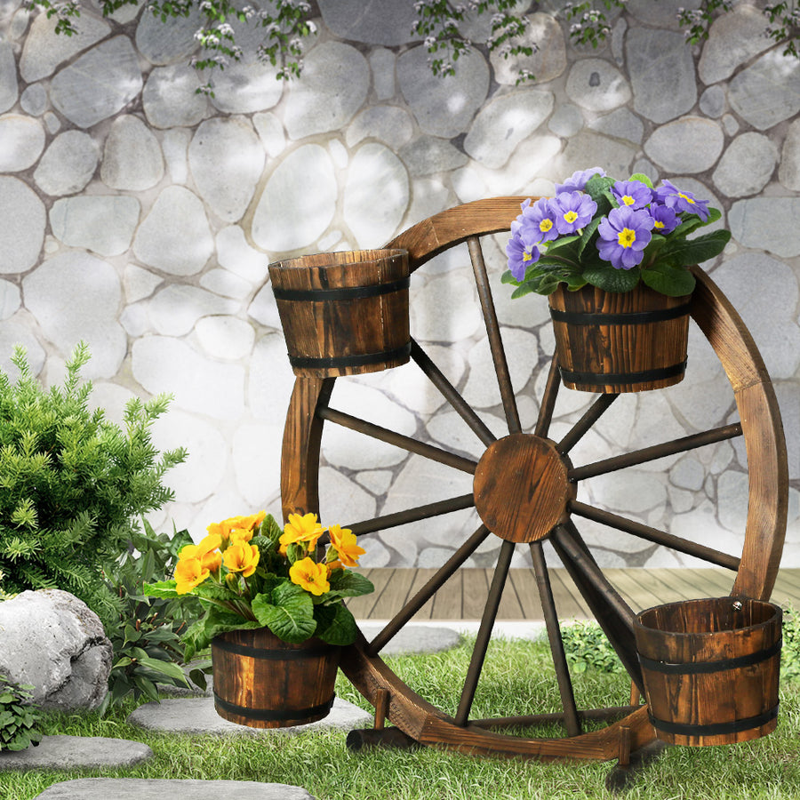 Garden Décor Wooden Wagon Wheel Rustic Outdoor Flower Planter Homecoze