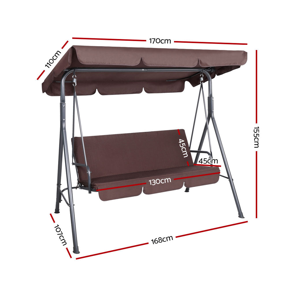 Outdoor Swing Chair 3 Seater Bench Seat with Canopy - Brown - Homecoze