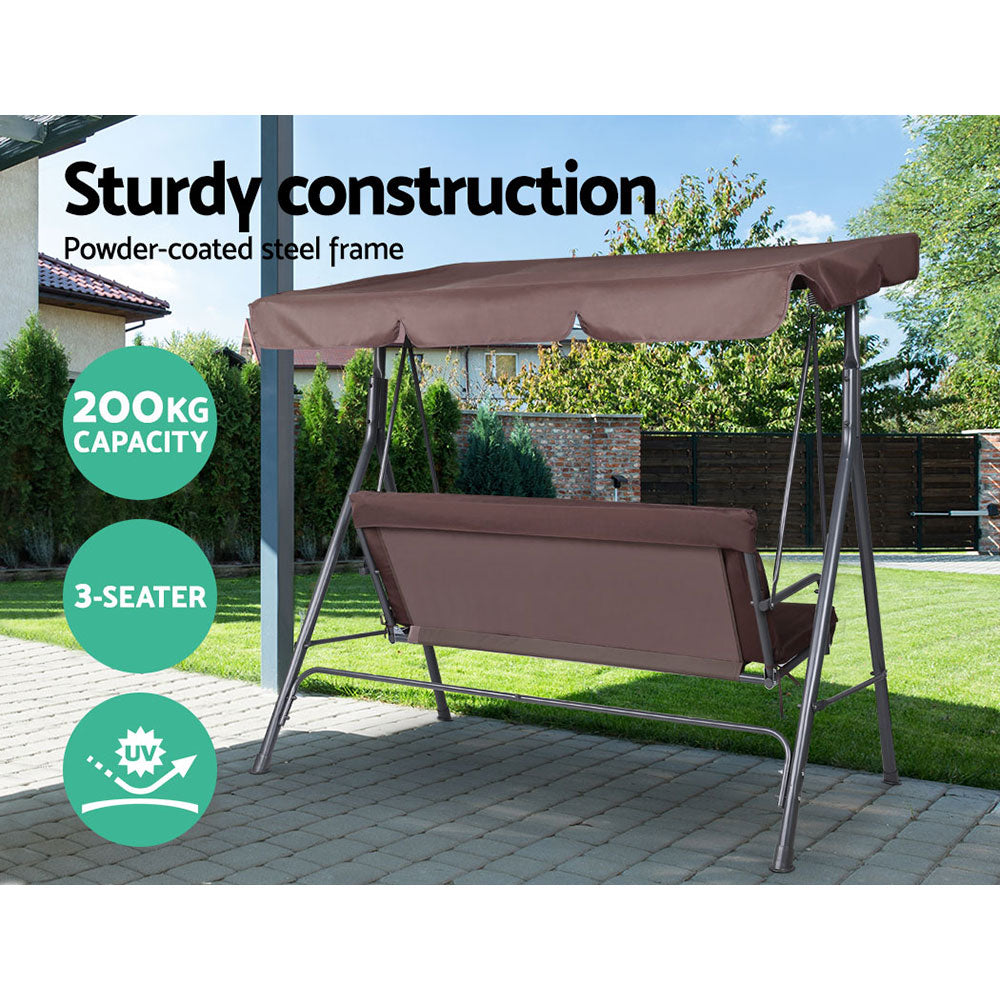 Outdoor Swing Chair 3 Seater Bench Seat with Canopy - Brown - Homecoze