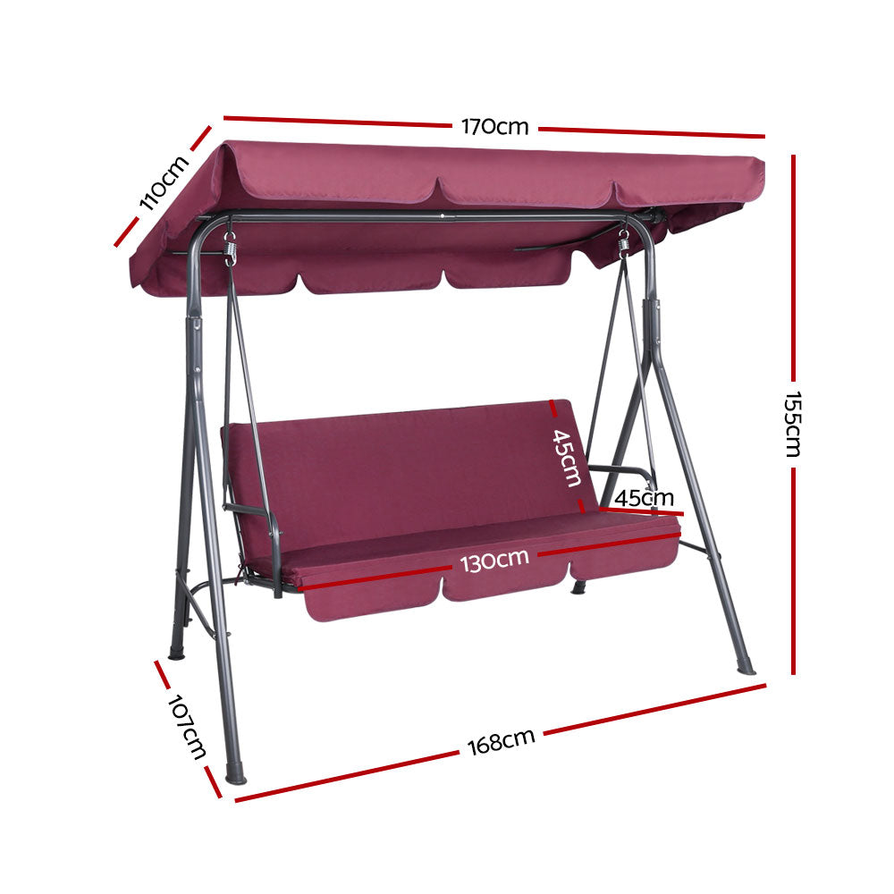 Outdoor Swing Chair 3 Seater Bench Seat with Canopy - Wine Red - Homecoze