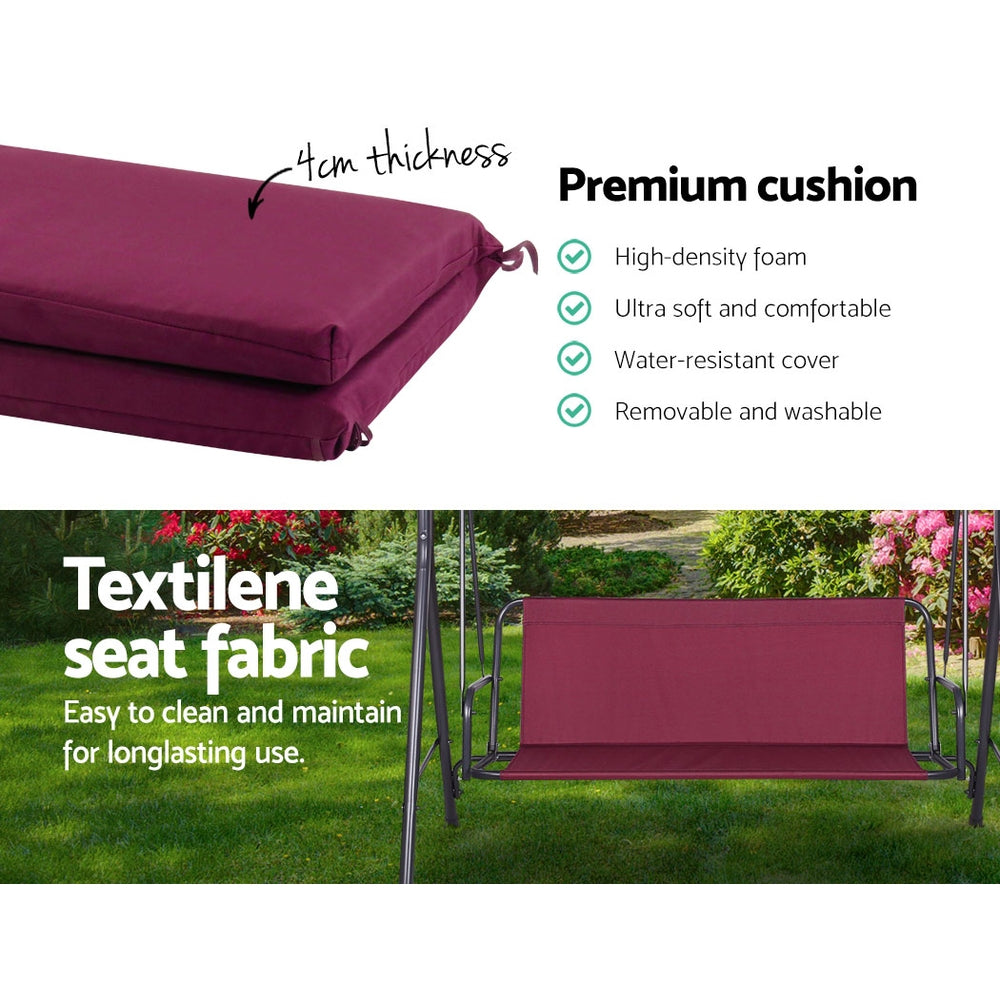 Outdoor Swing Chair 3 Seater Bench Seat with Canopy - Wine Red - Homecoze