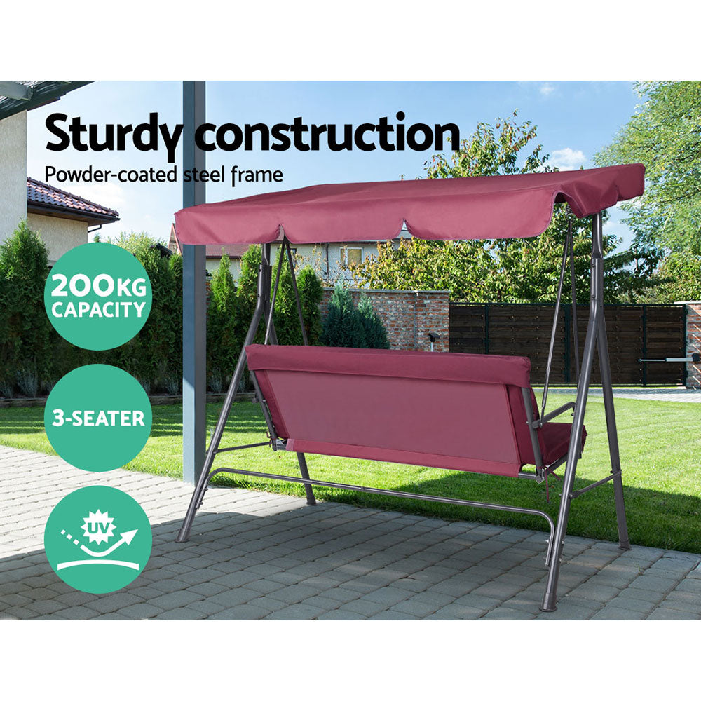Outdoor Swing Chair 3 Seater Bench Seat with Canopy - Wine Red - Homecoze