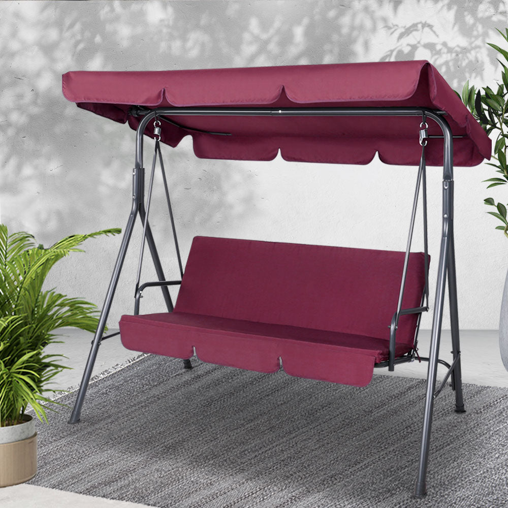 Outdoor Swing Chair 3 Seater Bench Seat with Canopy - Wine Red Homecoze