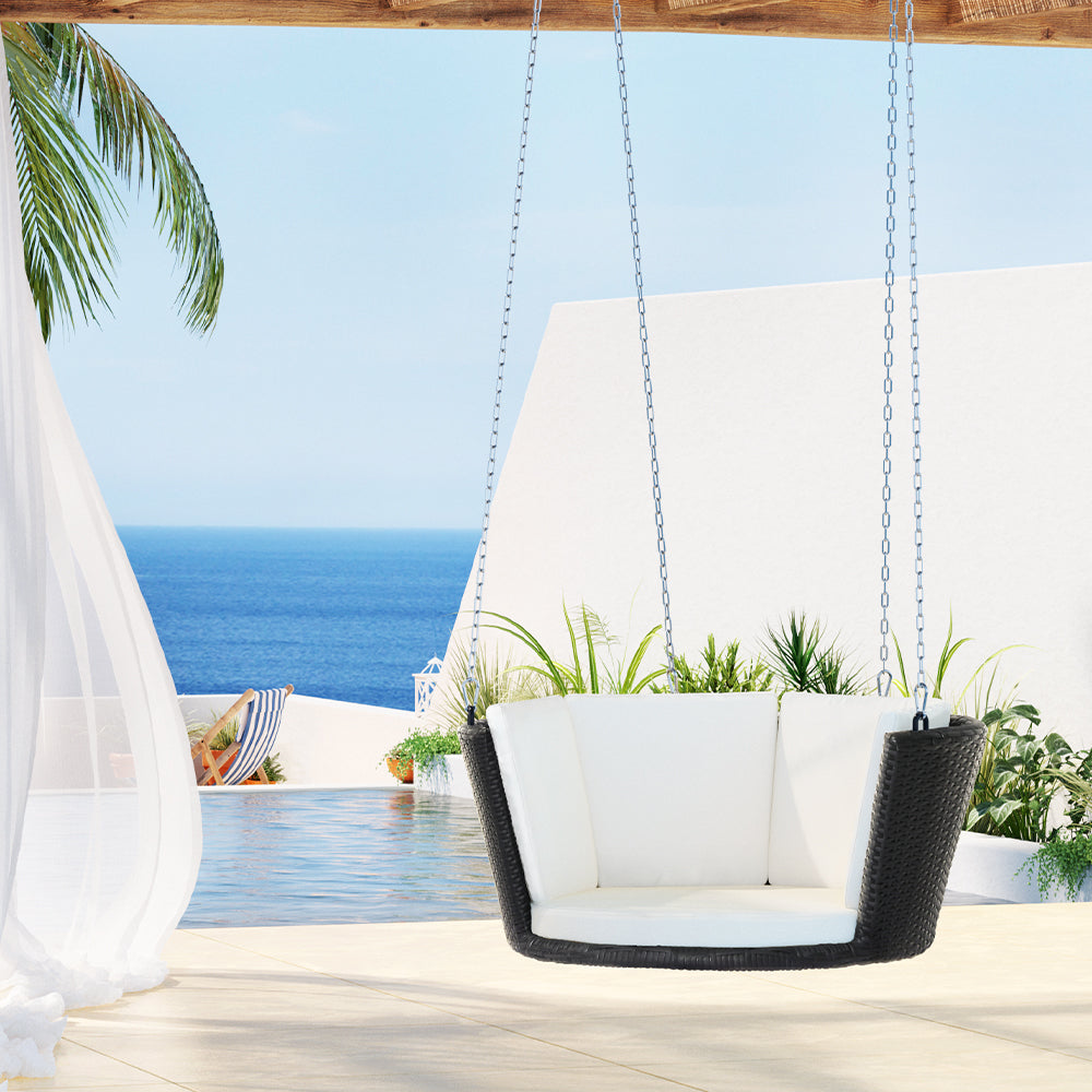 Large Single Woven Rattan Porch Swing Wicker Chair Hammock - Black Homecoze