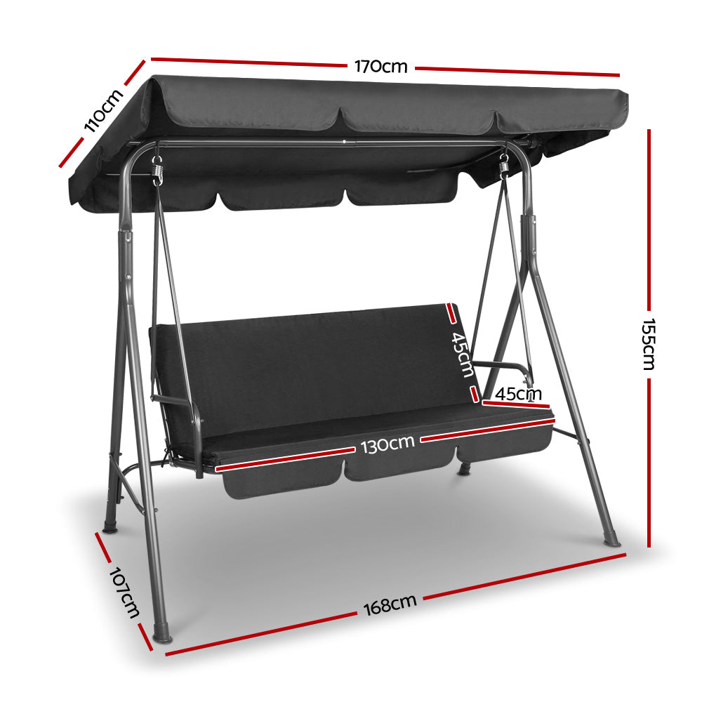 Outdoor Swing Chair 3 Seater Bench Seat with Canopy - Black - Homecoze