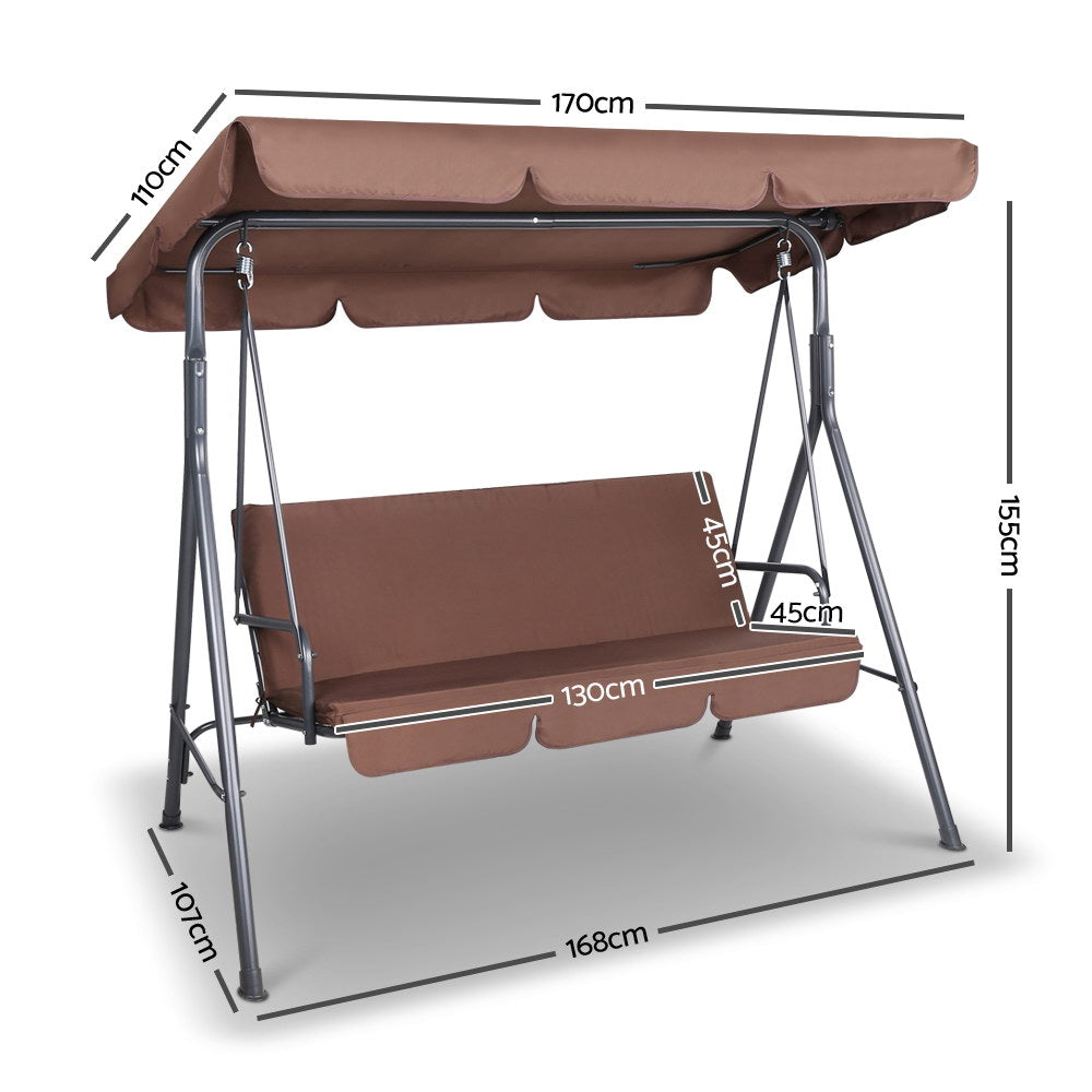 Outdoor Swing Chair 3 Seater Bench Seat with Canopy - Coffee - Homecoze