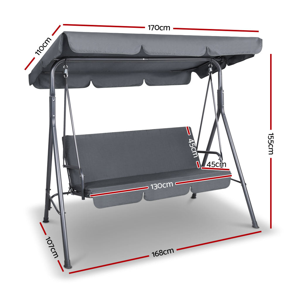 Outdoor Swing Chair 3 Seater Bench Seat with Canopy - Grey - Homecoze