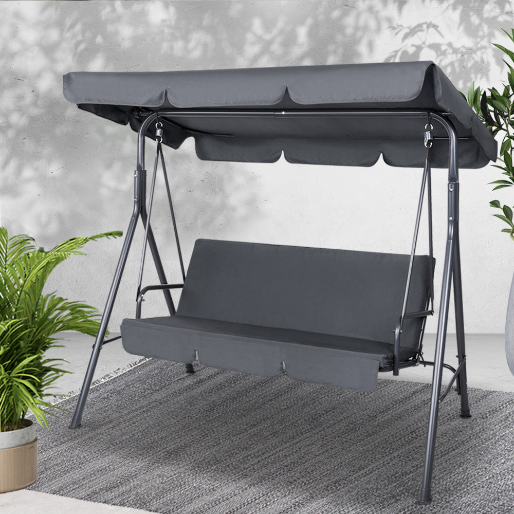 Outdoor Swing Chair 3 Seater Bench Seat with Canopy - Grey - Homecoze