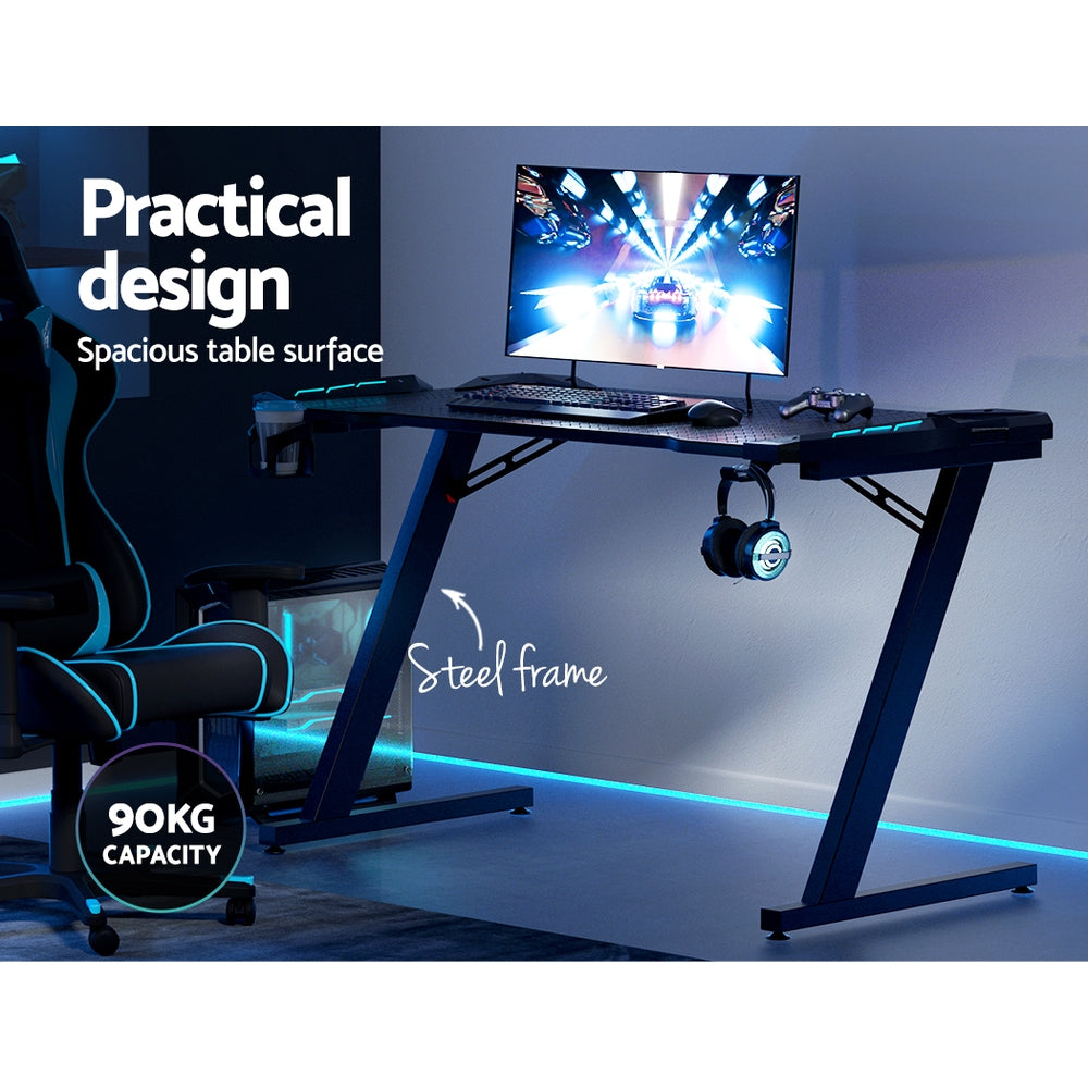 Gaming Steel Frame Computer Desk RGB LED Light & Carbon Fiber Effect Top - 120CM Homecoze