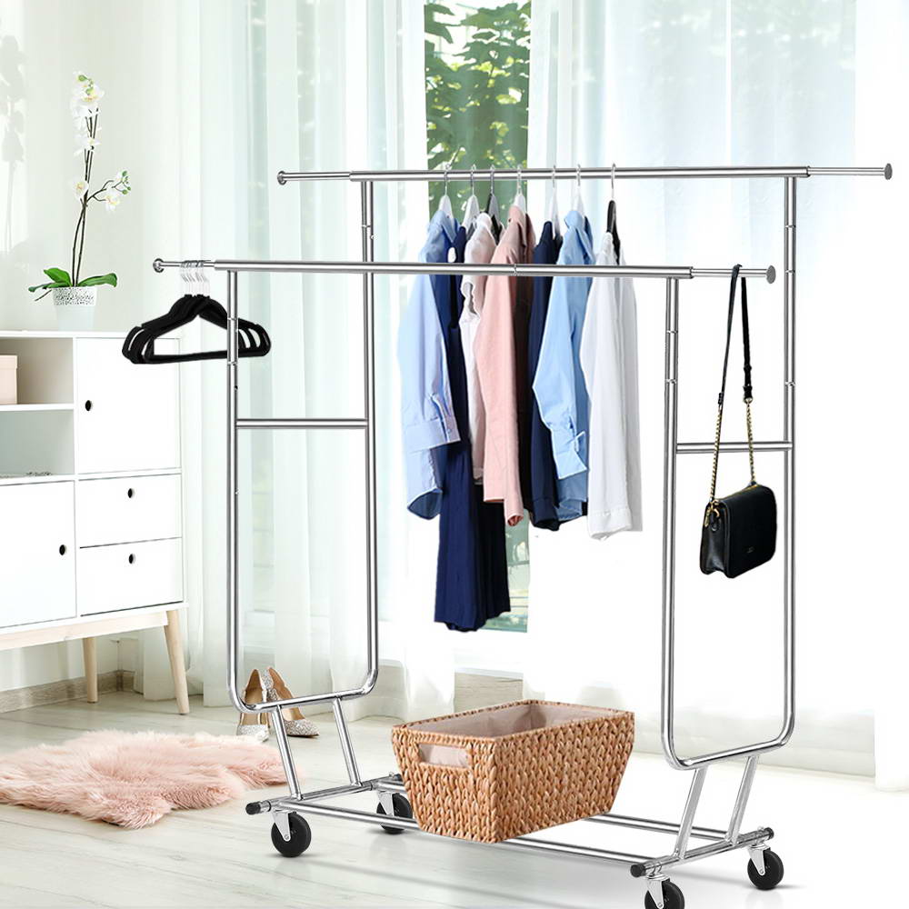 Double Rail Clothes Stand Garment Rack with Caster Wheels Homecoze