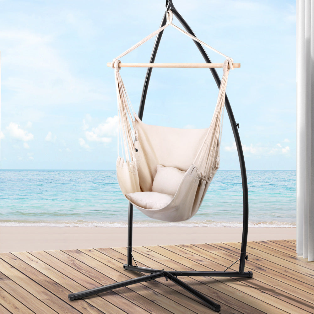 Hanging Cushioned Swing Chair Hammock with Steel Frame - Cream Homecoze