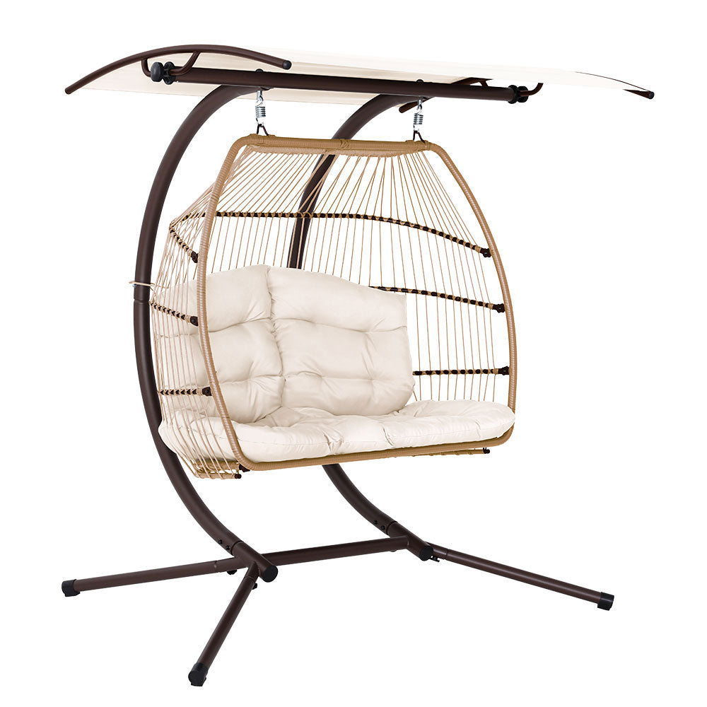 2 Seater Hanging Wicker Swing Chair Lounge - Latte - Homecoze
