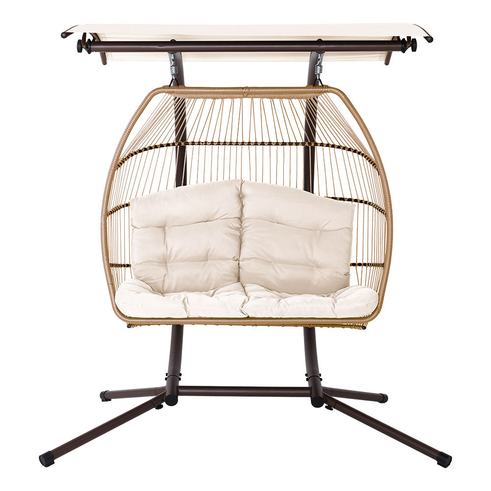 2 Seater Hanging Wicker Swing Chair Lounge - Latte - Homecoze