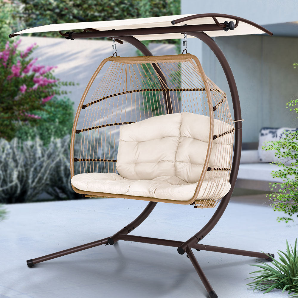 2 Seater Hanging Wicker Swing Chair Lounge - Latte Homecoze