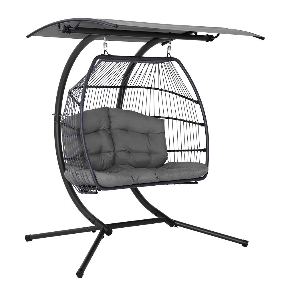 2 Seater Hanging Wicker Swing Chair Lounge - Grey - Homecoze