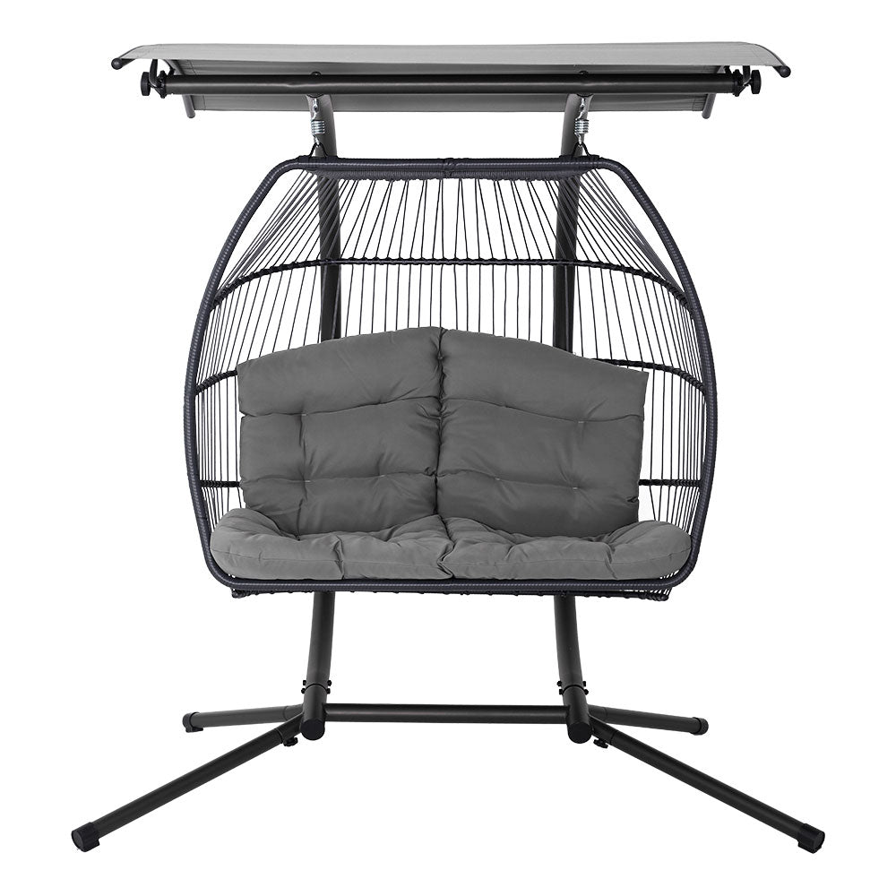 2 Seater Hanging Wicker Swing Chair Lounge - Grey - Homecoze