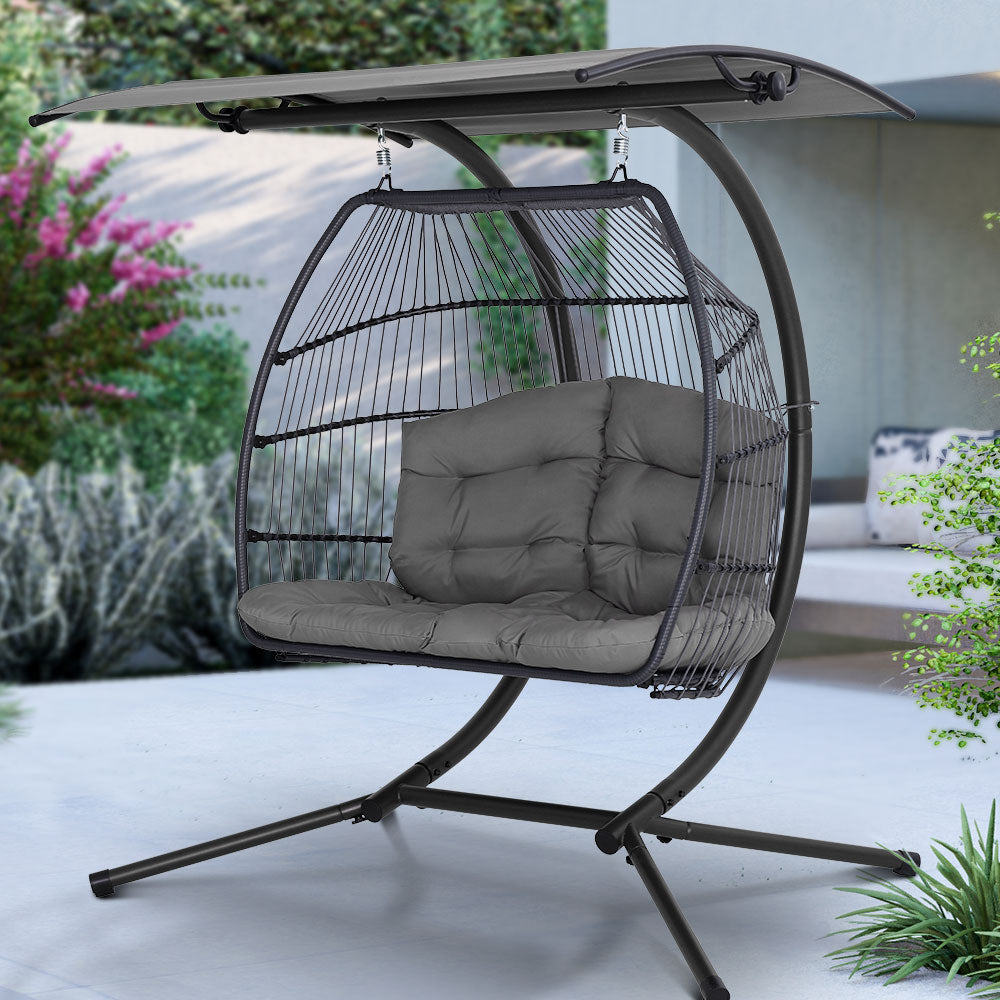 2 Seater Hanging Wicker Swing Chair Lounge - Grey - Homecoze