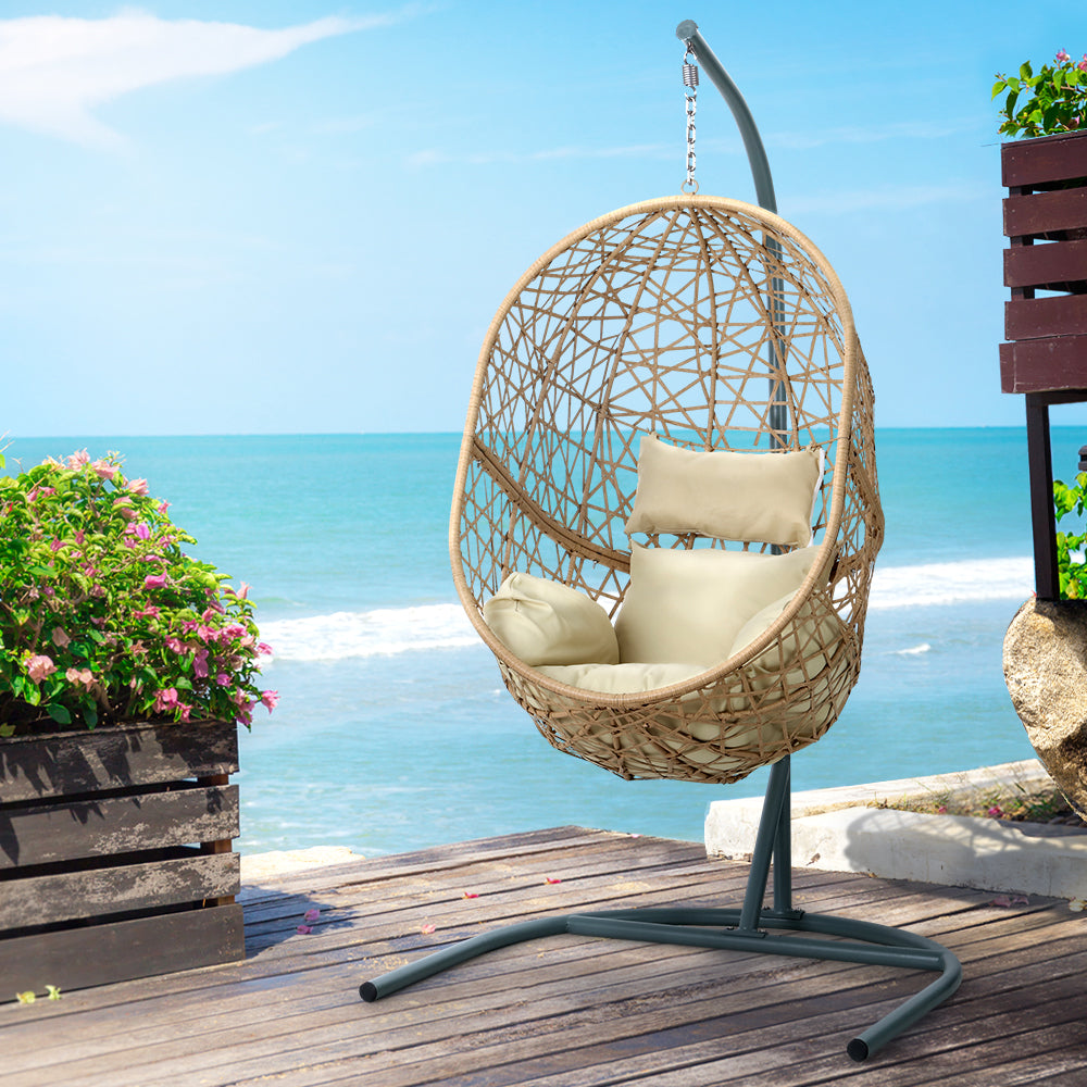 Premium Outdoor Hanging Wicker Egg Swing Chair Hammock Seat - Beige Homecoze