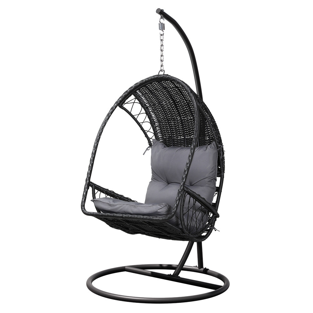 Outdoor Hanging Egg Swing Wicker Chair with Cushion and Stand - Black Homecoze