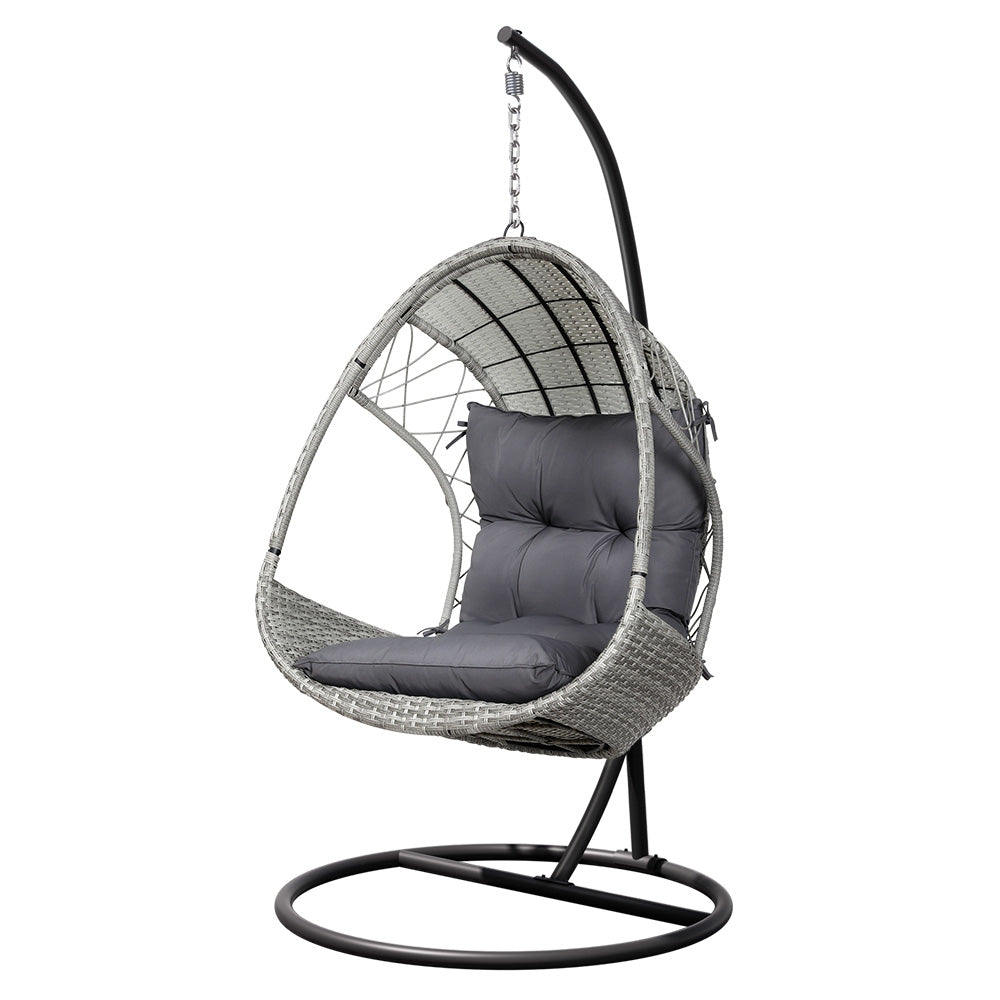 Outdoor Hanging Egg Swing Wicker Chair with Cushion and Stand - Light Grey Homecoze