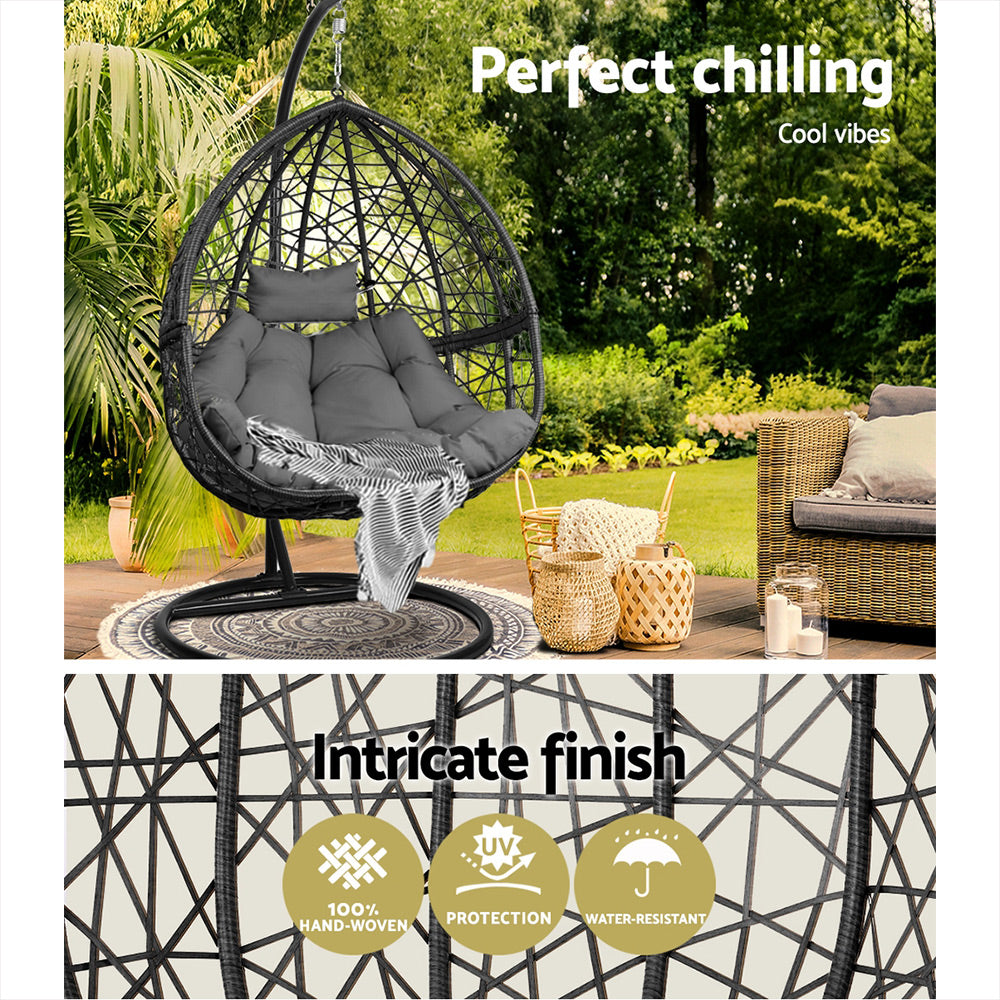 Deluxe Wicker Hanging Egg Chair Swing - Grey - Homecoze