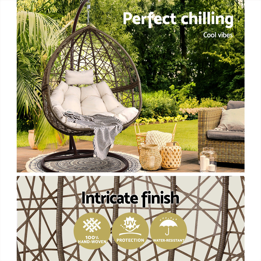 Deluxe Outdoor Hanging Wicker Egg Swing Chair - Brown - Homecoze