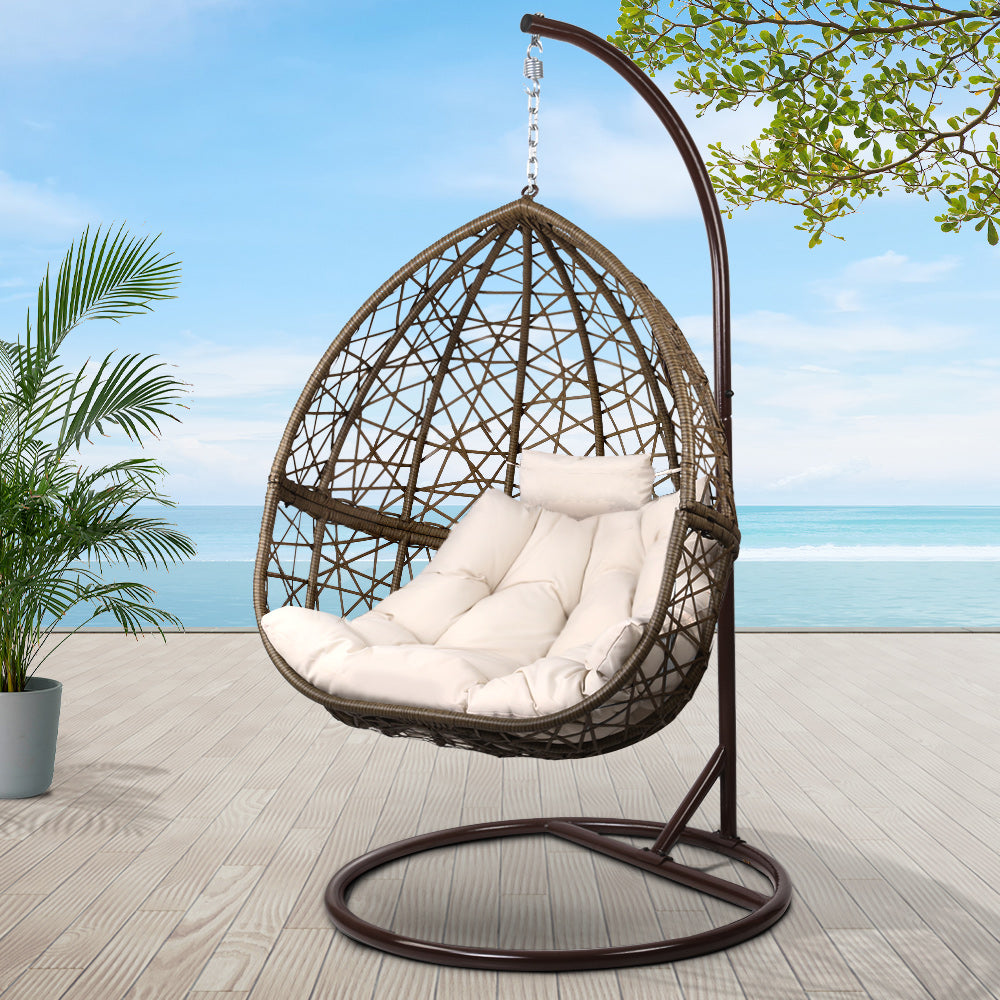 Deluxe Outdoor Hanging Wicker Egg Swing Chair - Brown - Homecoze