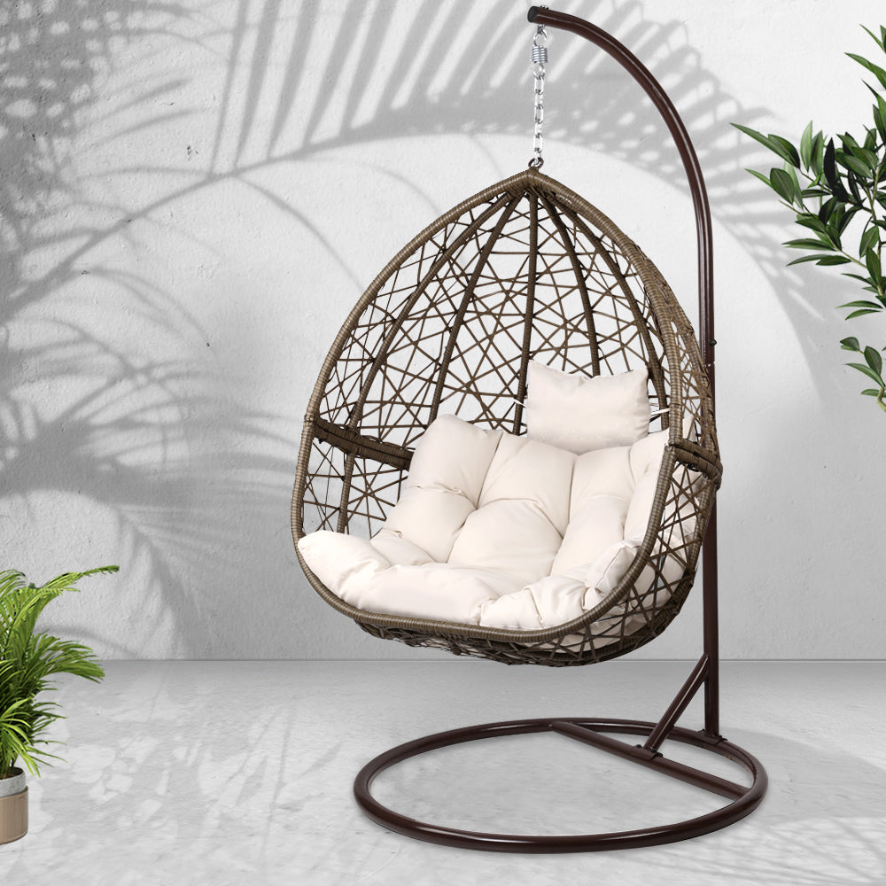 Deluxe Outdoor Hanging Wicker Egg Swing Chair - Brown - Homecoze