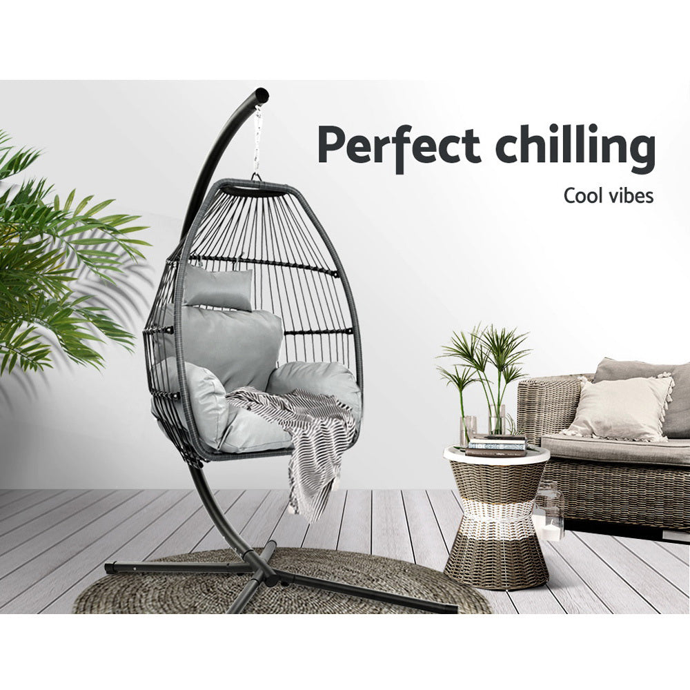 Outdoor Hanging Wicker Egg Swing Chair - Grey - Homecoze