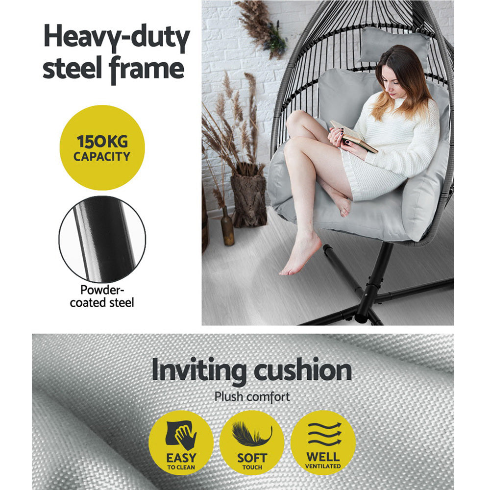 Outdoor Hanging Wicker Egg Swing Chair - Grey - Homecoze