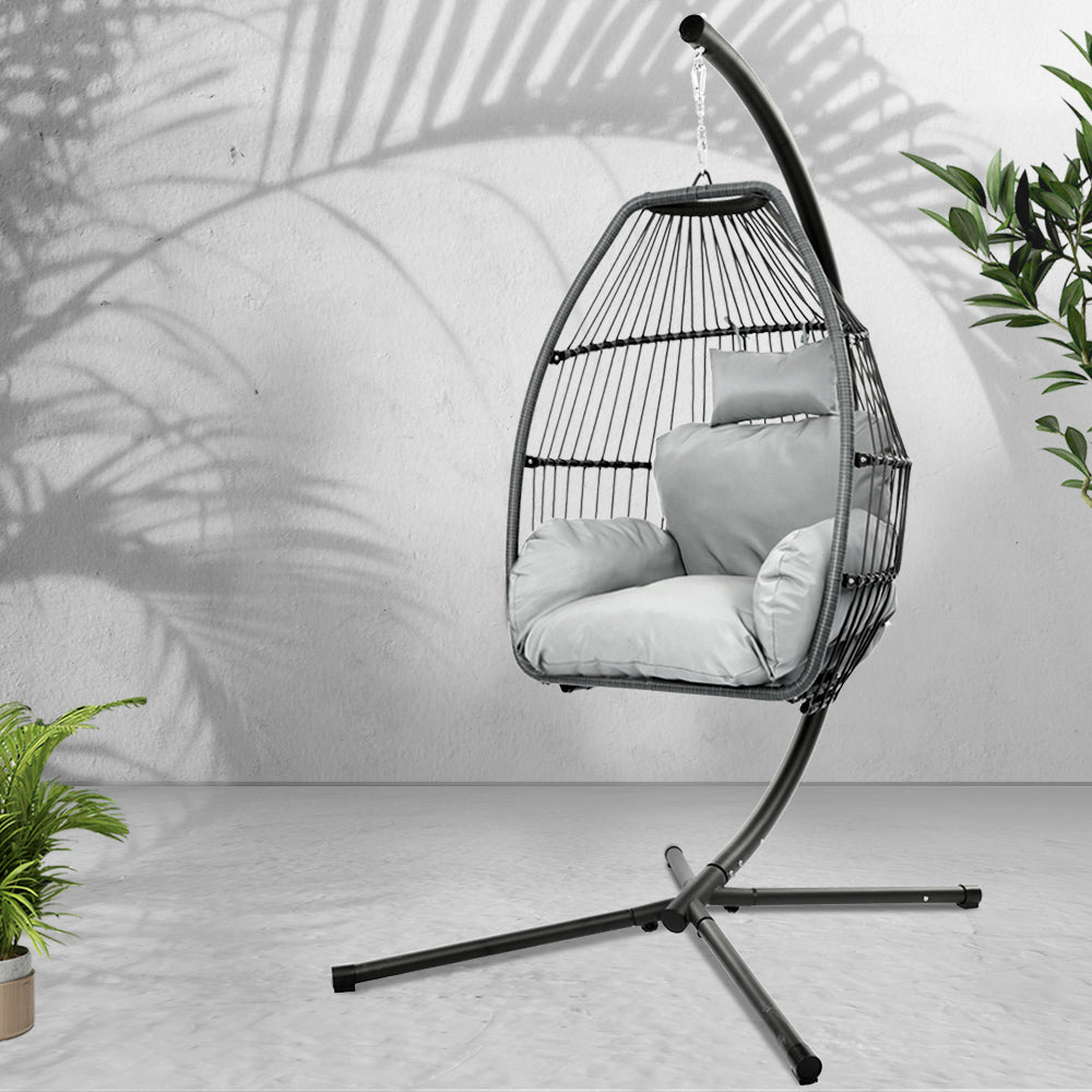 Outdoor Hanging Wicker Egg Swing Chair - Grey - Homecoze