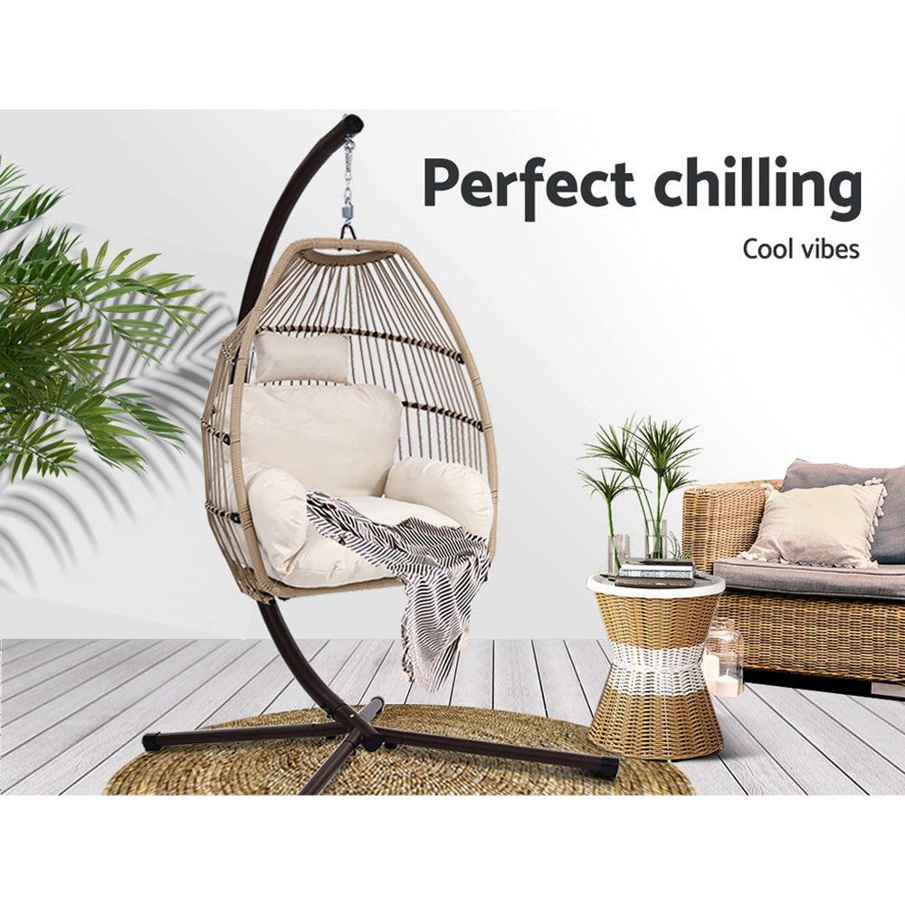 Outdoor Hanging Wicker Egg Swing Chair - Latte - Homecoze