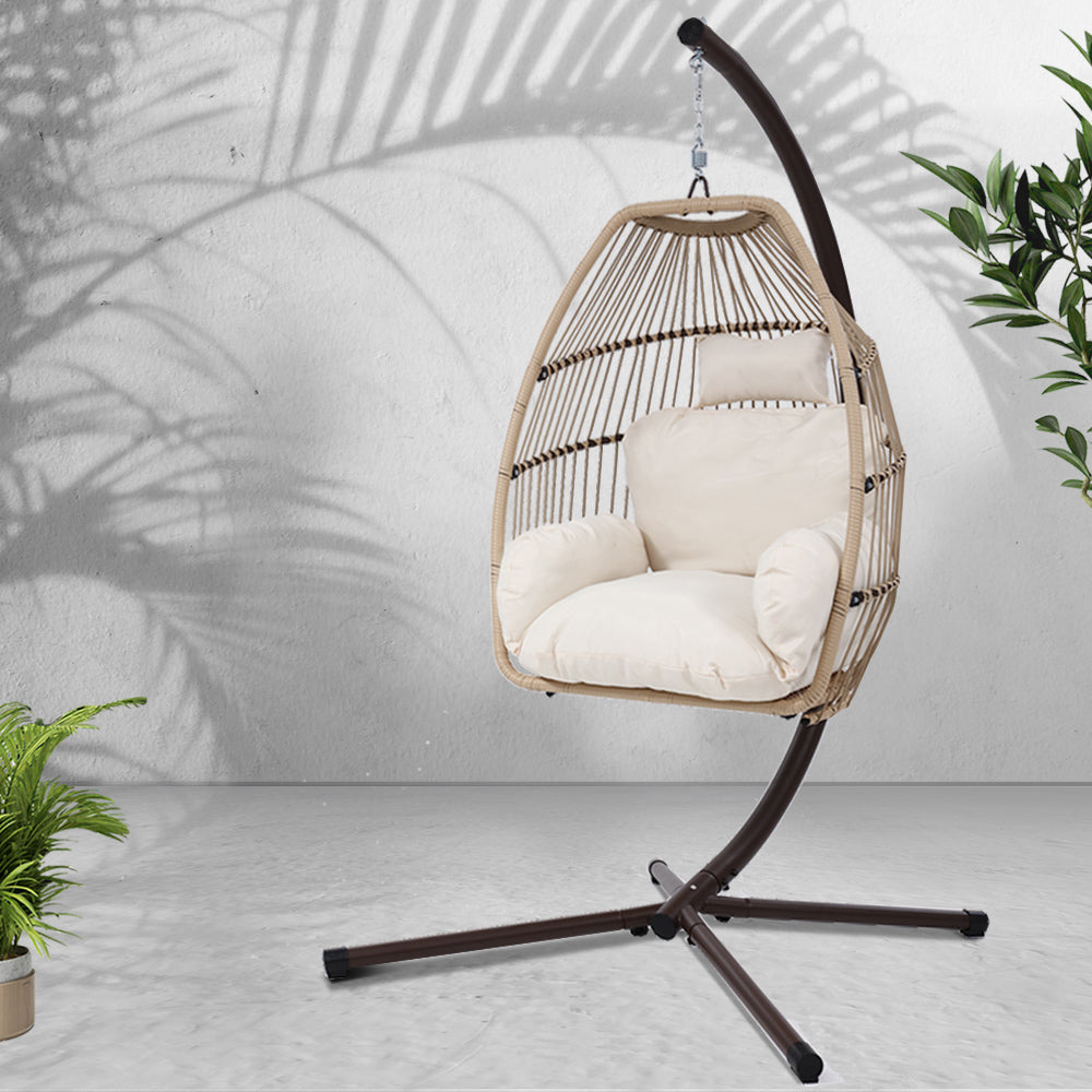 Outdoor Hanging Wicker Egg Swing Chair - Latte - Homecoze