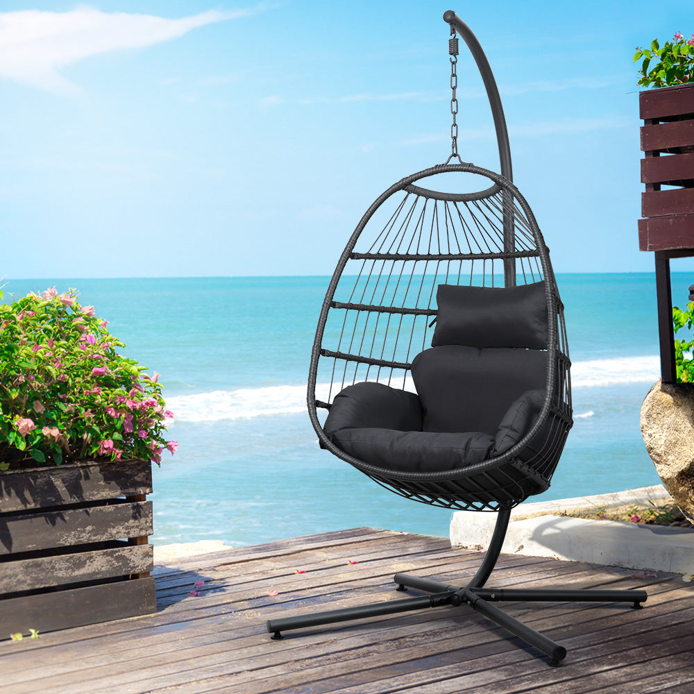 Wicker Egg Swing Chair Hammock With Stand - Charcoal Homecoze