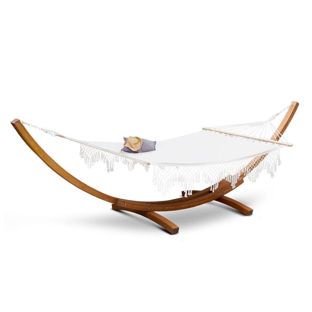 Double 2-Person Tassel Hammock with Wooden Stand - Homecoze