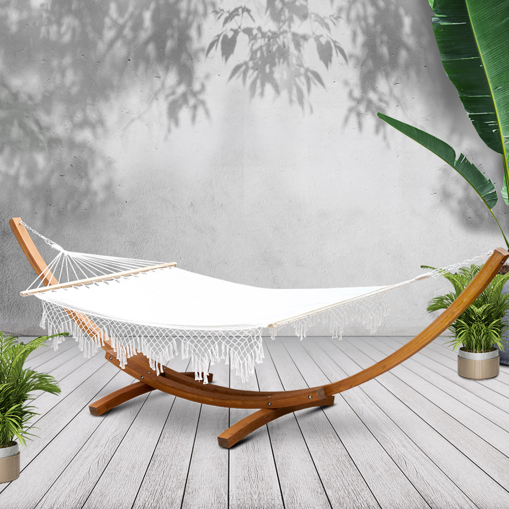 Double 2-Person Tassel Hammock with Wooden Stand Homecoze