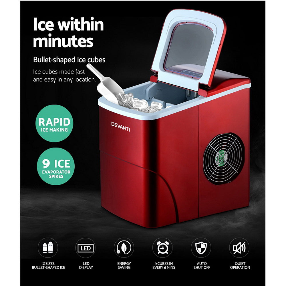 Portable Ice Cube Maker Machine 0.5kg/hr Small or Large Ice Home Bar Benchtop - Red Homecoze