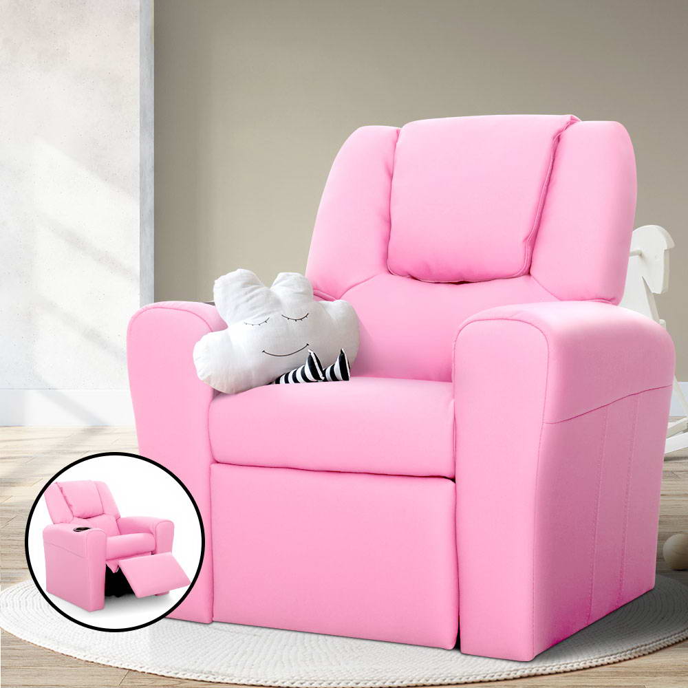 Kids Reclining Sofa Armchair - Pink PU Leather Homecoze