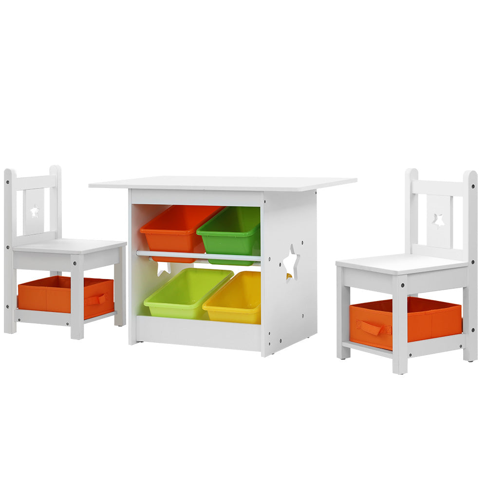 3 Piece Kids Wooden Table and Chairs Storage Box Activity Desk Set Homecoze