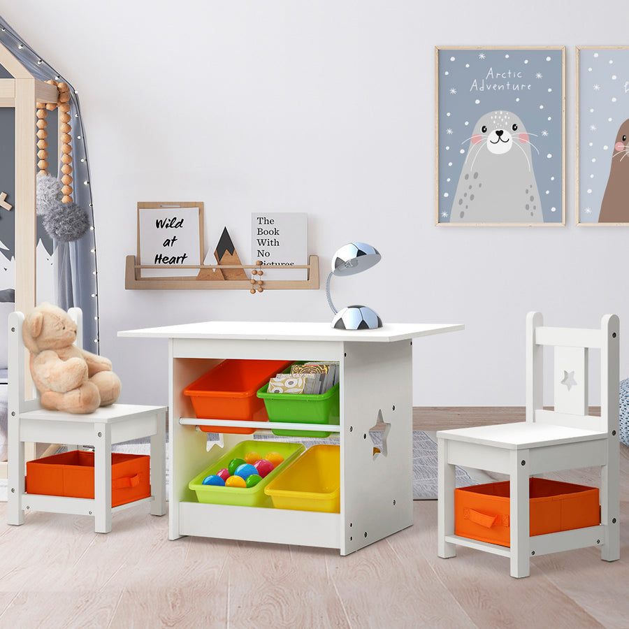 3 Piece Kids Wooden Table and Chairs Storage Box Activity Desk Set Homecoze