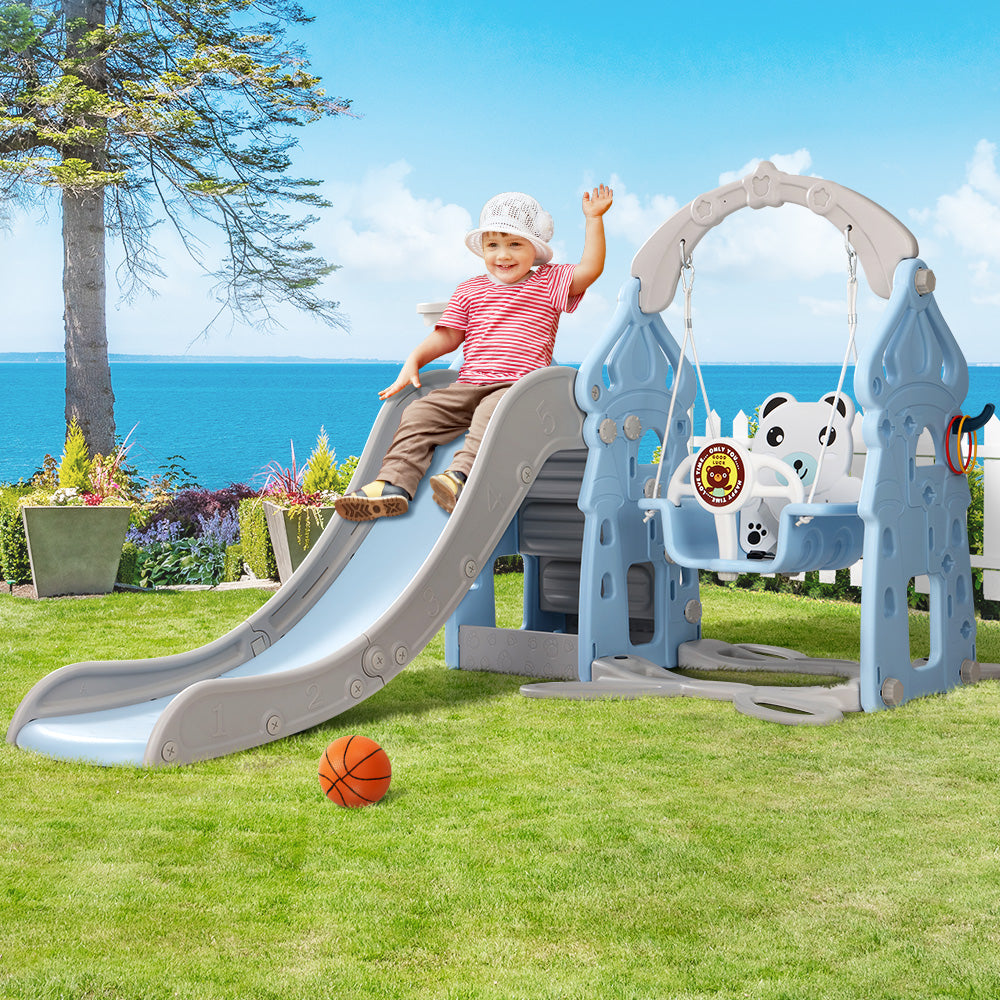 Kids 170cm Slide and Swing Set Playground Basketball Hoop Ring Outdoor Toys Blue Homecoze