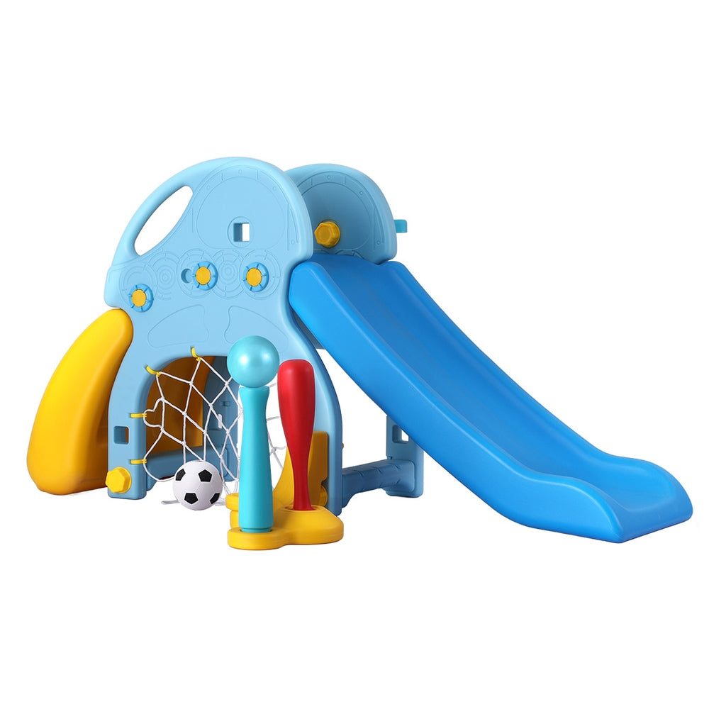Kids Slide Set with Baseball Bat Mini Soccer Goal Outdoor Playground 120cm Blue - Homecoze