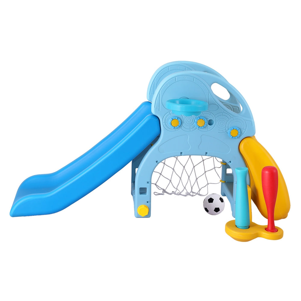 Kids Slide Set with Baseball Bat Mini Soccer Goal Outdoor Playground 120cm Blue - Homecoze