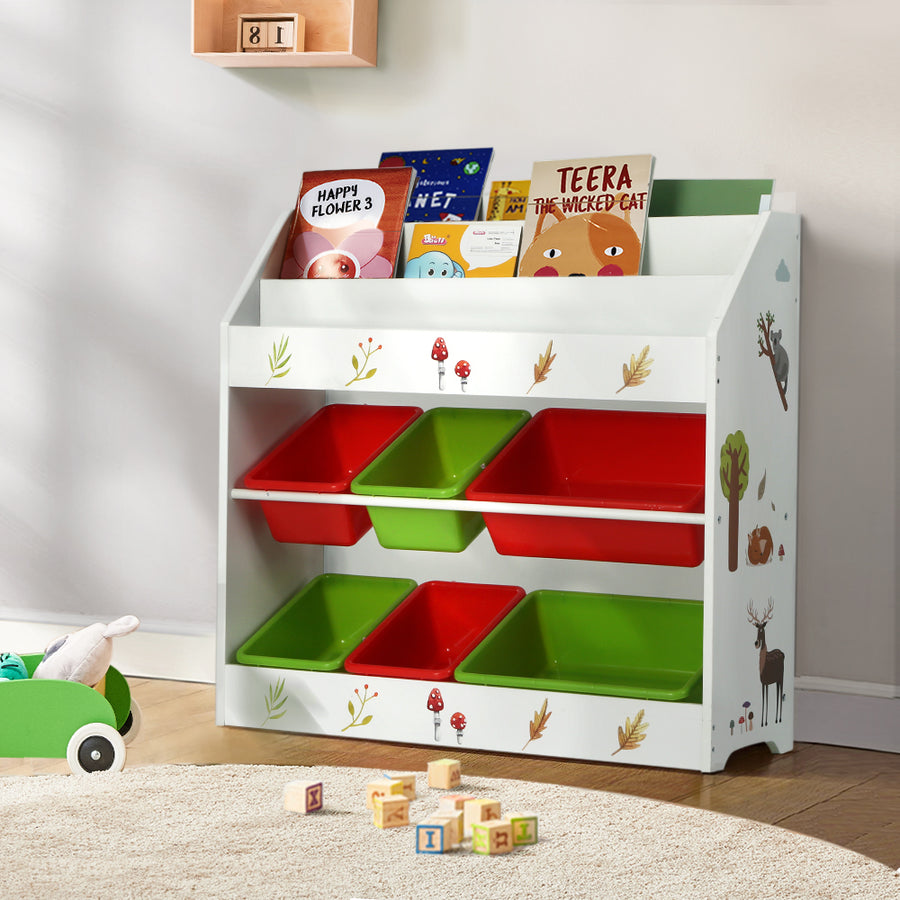 Kids Bookshelf Toy Box Organiser with 6 Bin Storage Bins Display Shelf Homecoze
