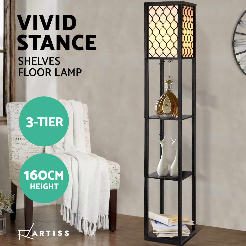 Vintage Wood Style Standing Floor Lamp Shelf - Black Grated Homecoze