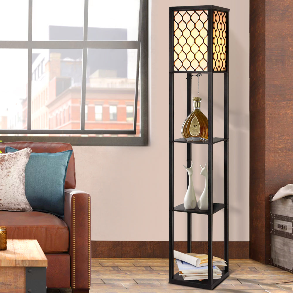 Vintage Wood Style Standing Floor Lamp Shelf - Black Grated Homecoze