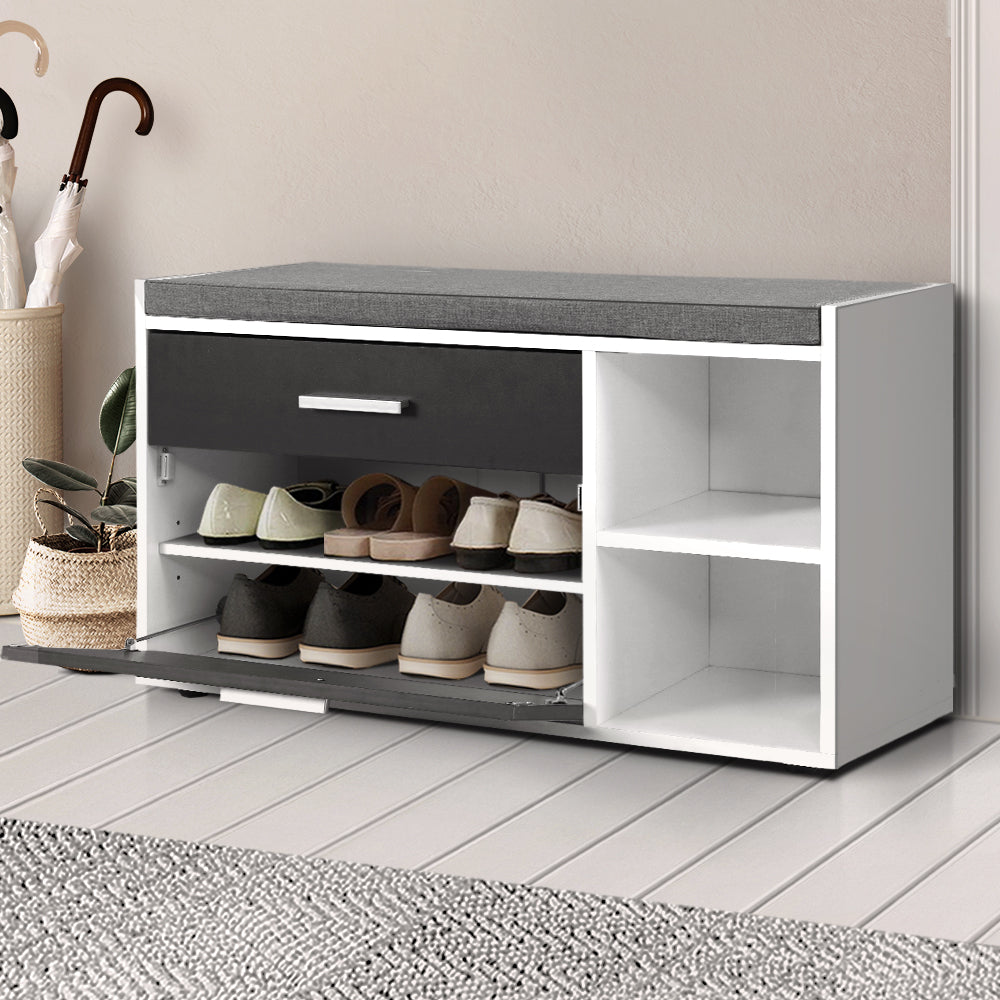 Shoe Cabinet Storage Bench with Adjustable Shelf and Drawer - White & Grey Homecoze