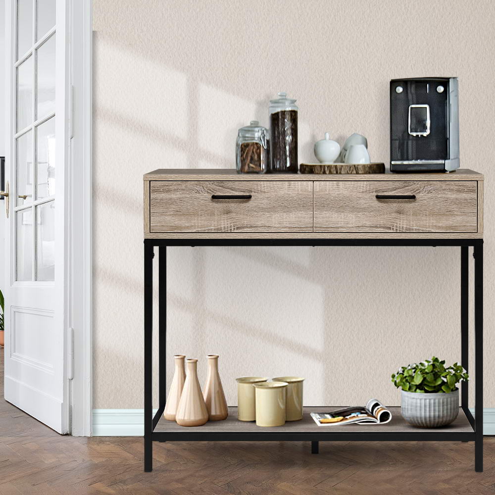 Industrial Hallway Console Table with 2 Drawers - Oak & Black Homecoze