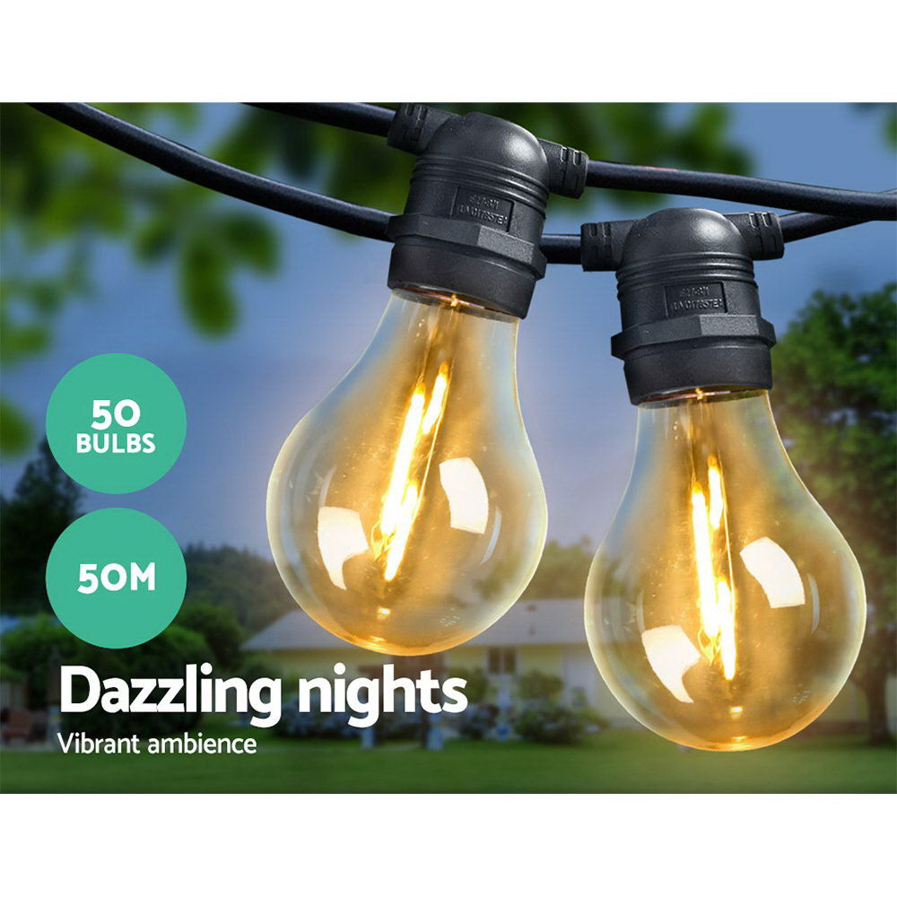 50m LED Festoon String Lights Indoor & Outdoor - 50 Medium Round Bulbs Homecoze